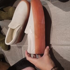 White Slip-On Sneakers with Orange Soles